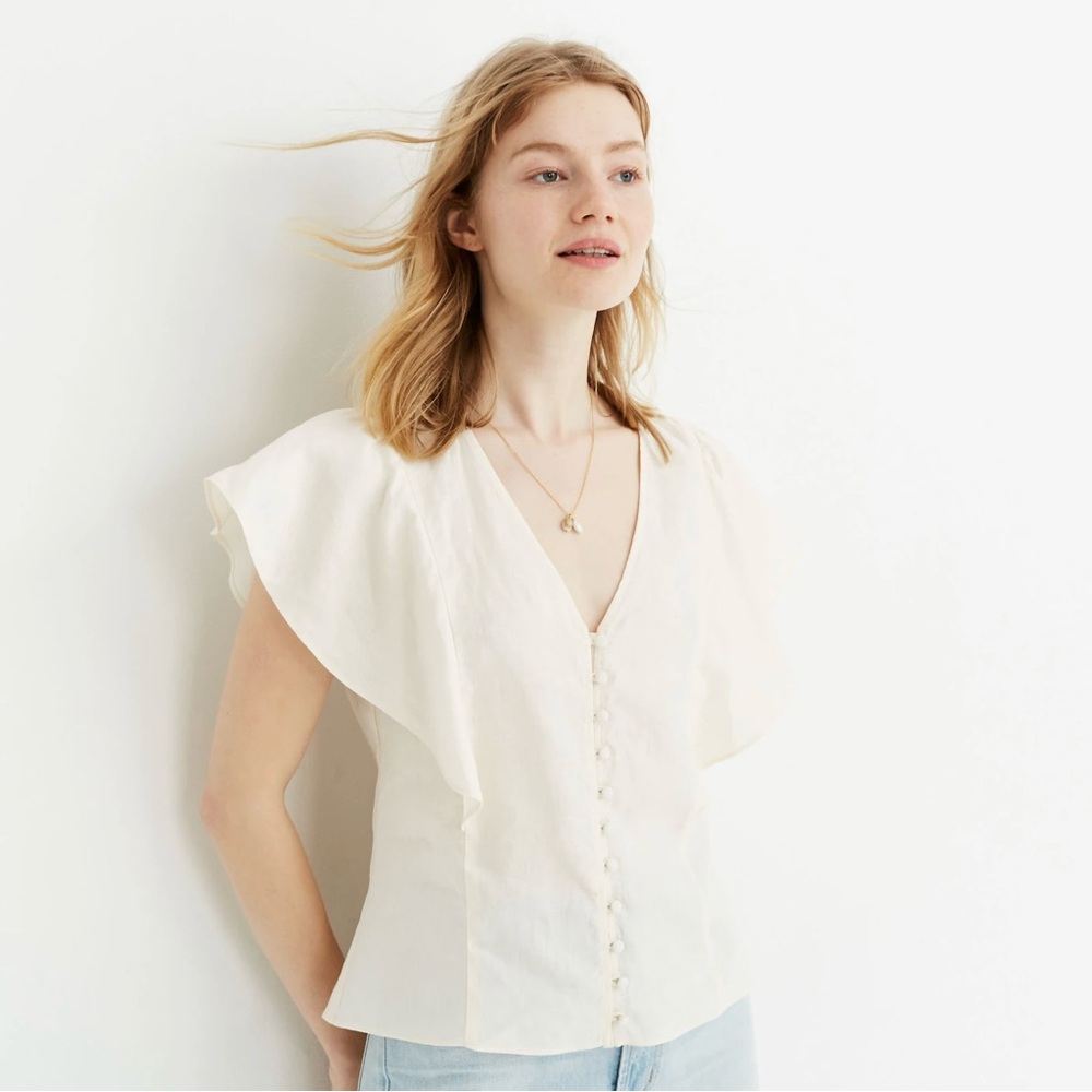 Madewell Linen Carmelita Flutter-Sleeve Top